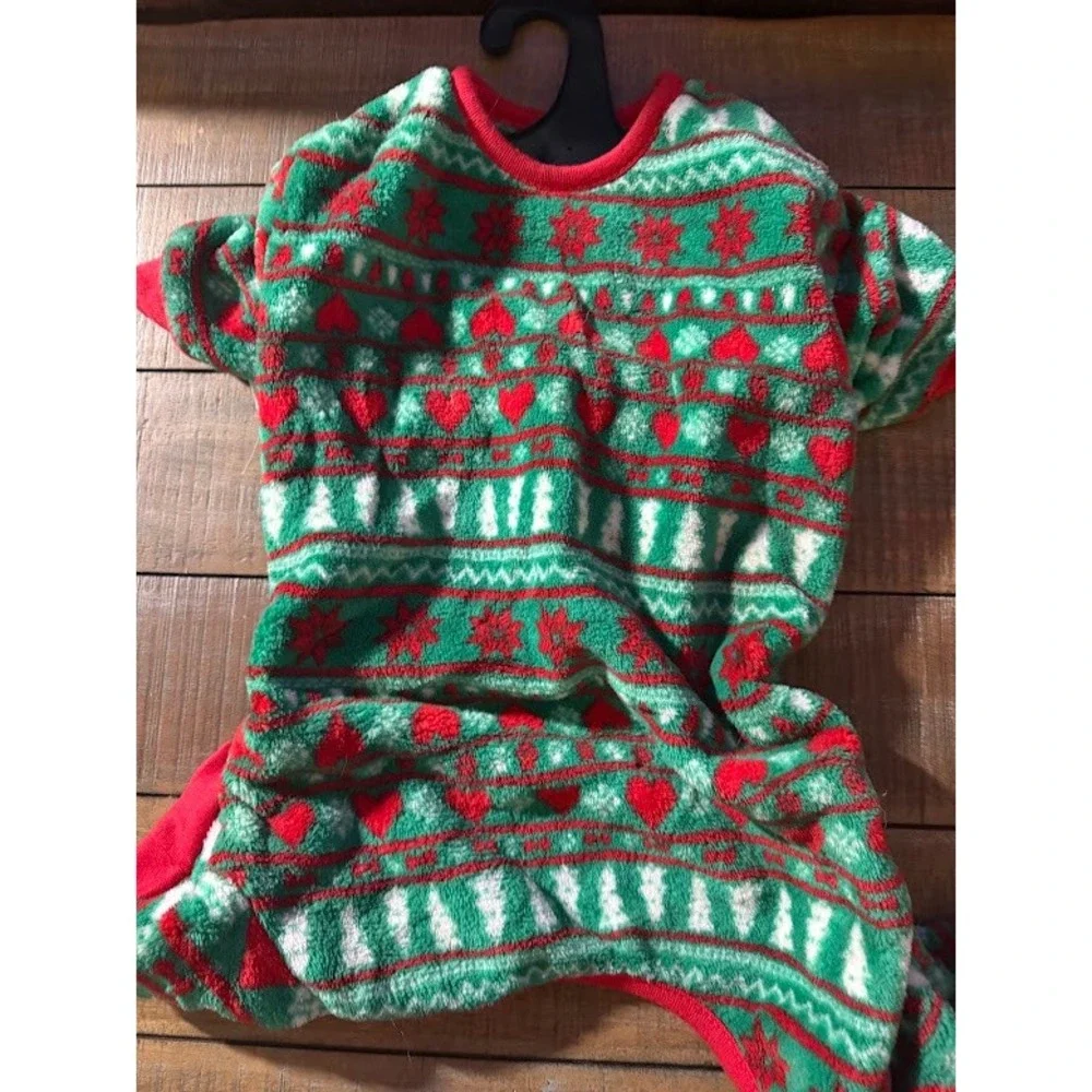 Tis the Season Dog Pajamas Large Green Red Fair Isle Fleece Holiday Pet Clothes